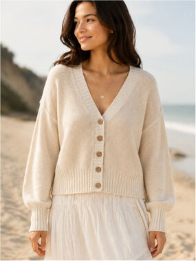 Free People Cream V-Neck Button Cardigan